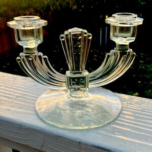 Tiffin Magnolia Glass Art Deco Etched Floral Pedestal Two Taper Candle Holder